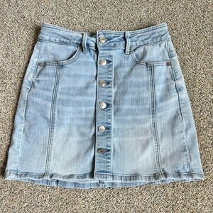 AMERICAN Eagle A-Line High Rise Denim Skirt Stretch Button Front Women's 0 Long